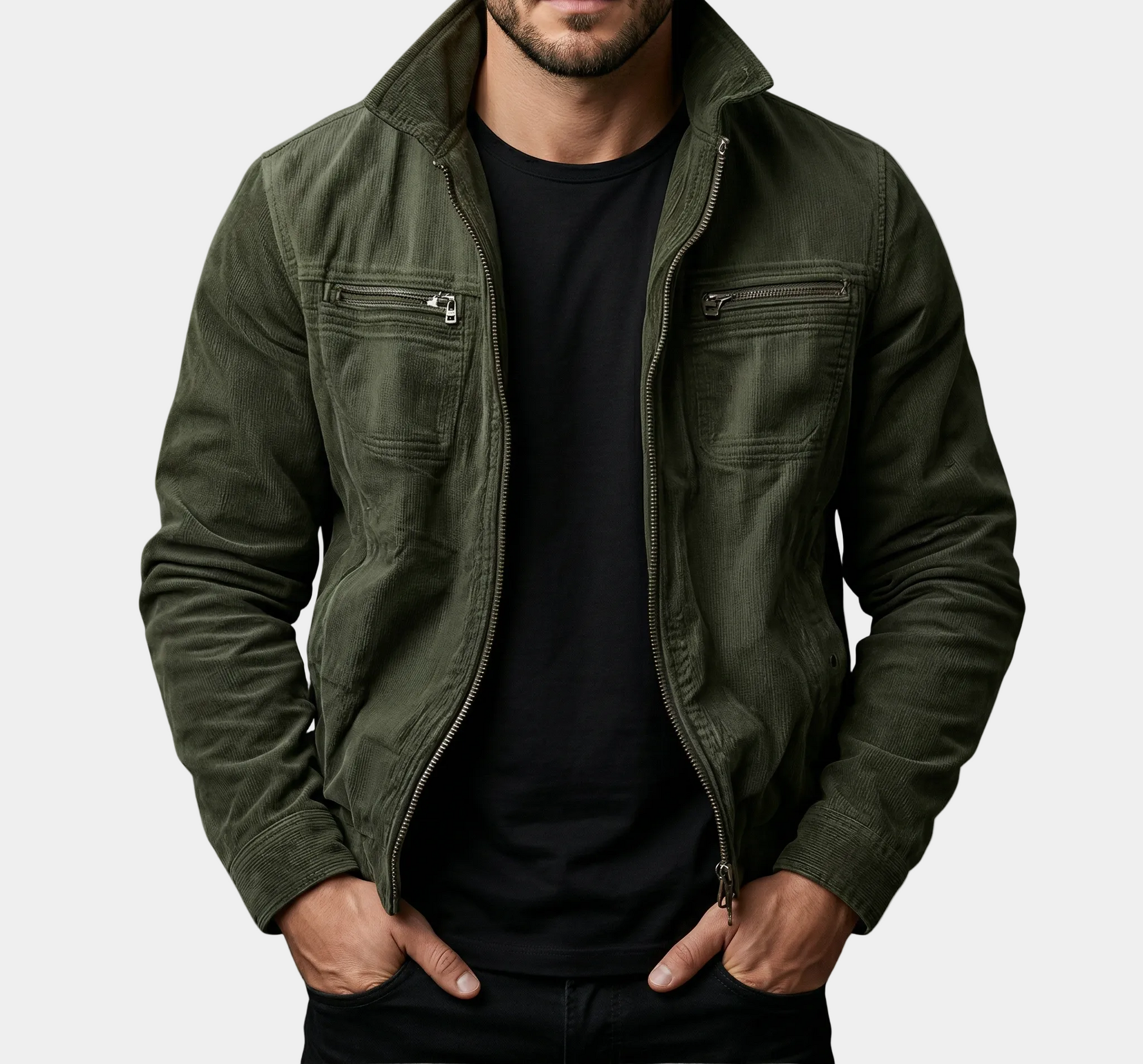 A high-quality gray corduroy jacket by Montaracrest featuring a classic collar and button closure.