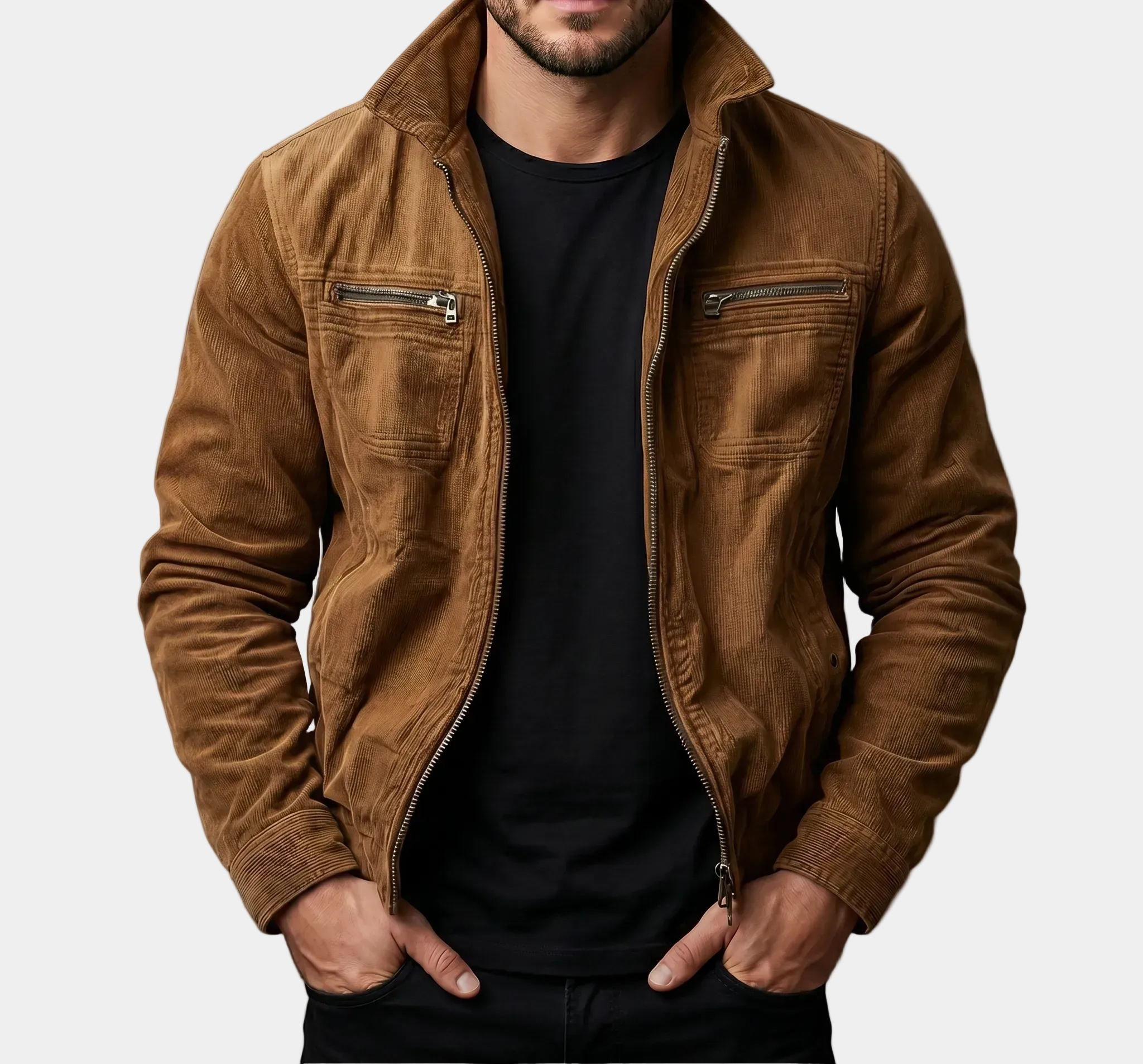 Light brown Montaracrest high-quality corduroy jacket showcasing a stylish collar and textured fabric.