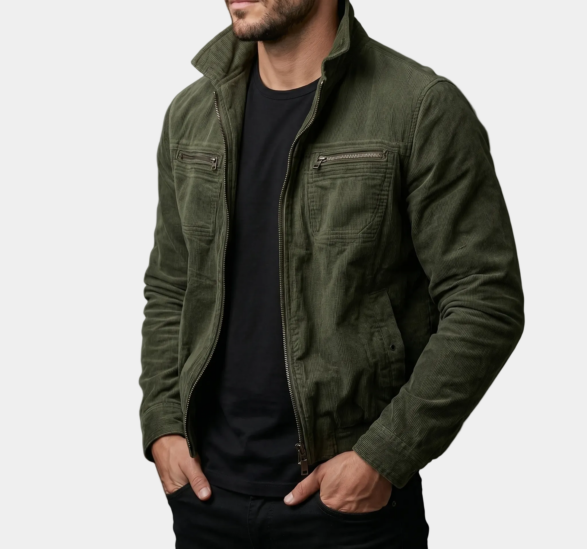 A high-quality green corduroy jacket by Montaracrest, shown from the side, featuring a stylish collar and textured fabric.