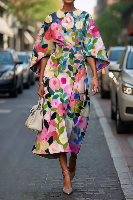 Montaracrest Alessia™ floral maxi dress with regal charm, featuring vibrant flower print and flowing fabric.