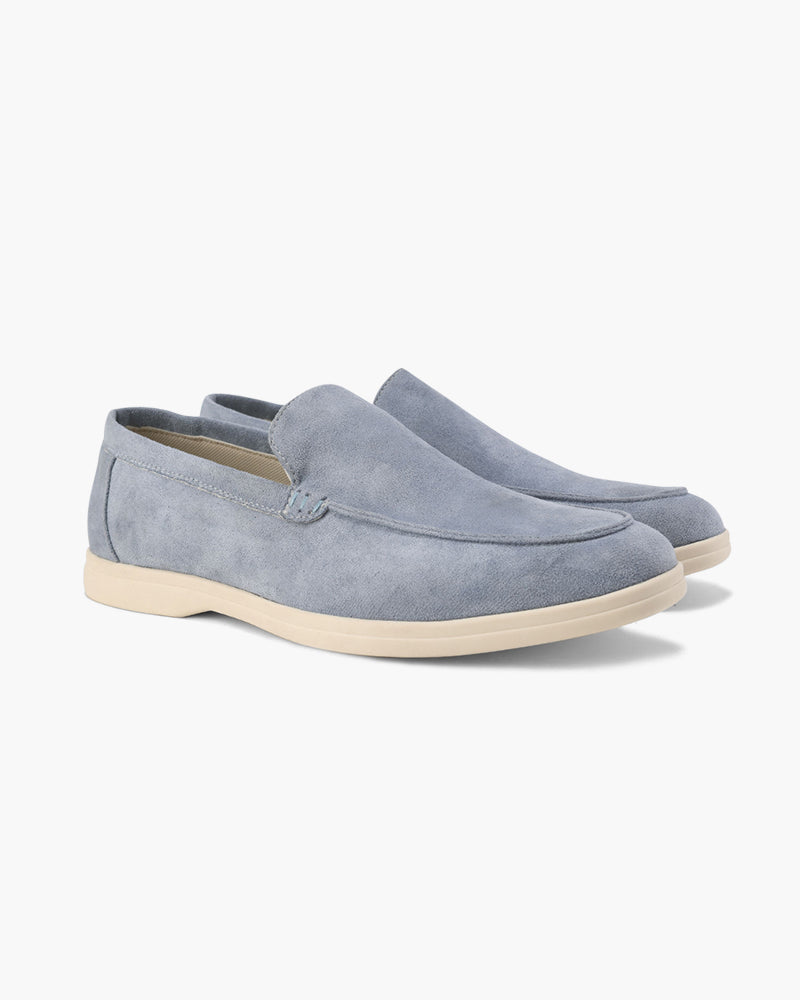 Montaracrest Villa Bellucci blue suede moccasins with classic loafer design, featuring soft camoscio material and sleek style.