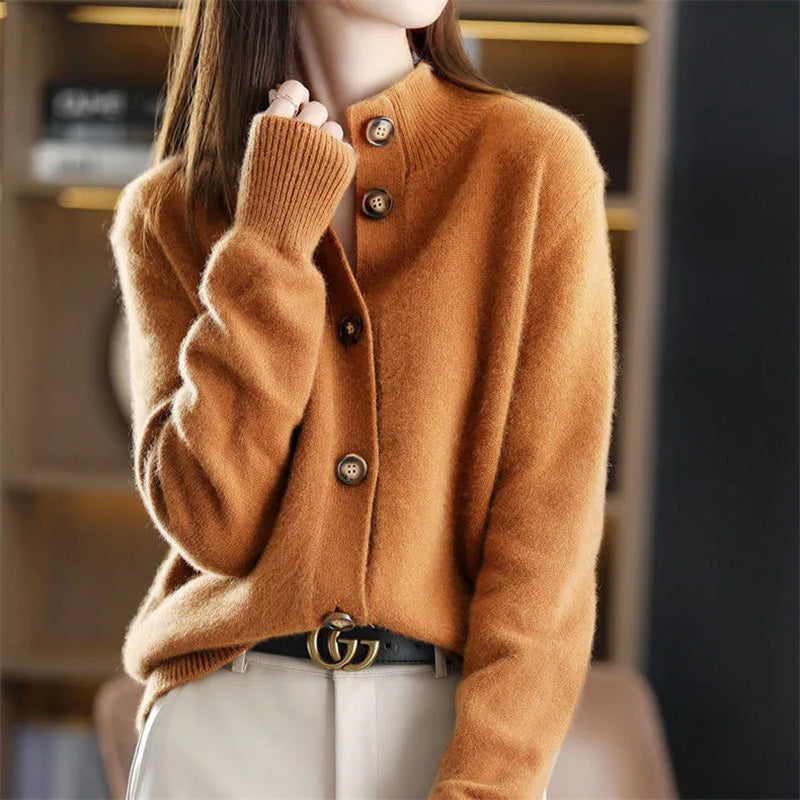 Montaracrest Arlina Merino Cardigan in soft knit, shown in a close-up of the cozy, button-up front and textured fabric.