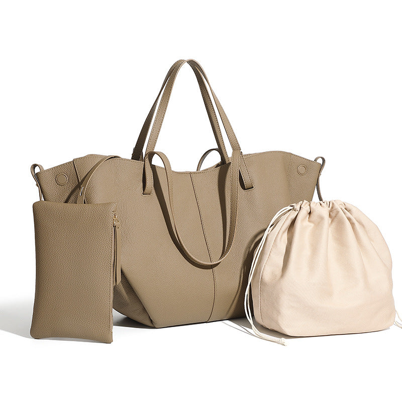 Elegant Genuine Pebbled Leather Tote Bag with Pouch