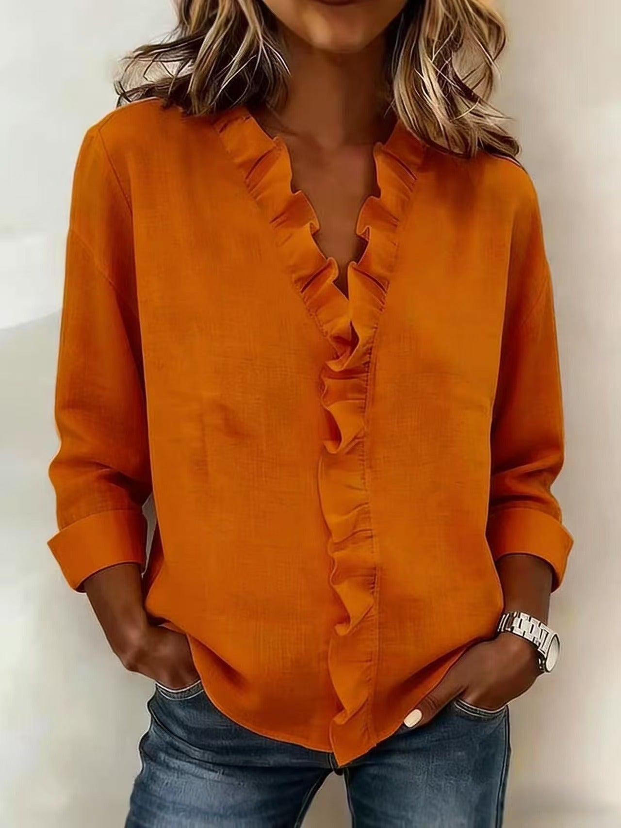 Chiara™ Montaracrest V-neck blouse with delicate ruffled accents, stylish and lightweight for a feminine look