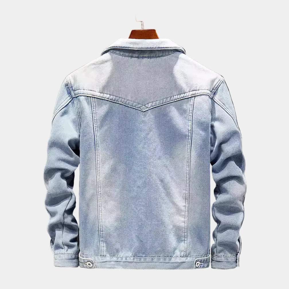 Montara & Crest denim jacket with warm fleece lining, casual outerwear, featuring classic blue denim and cozy interior for winter.