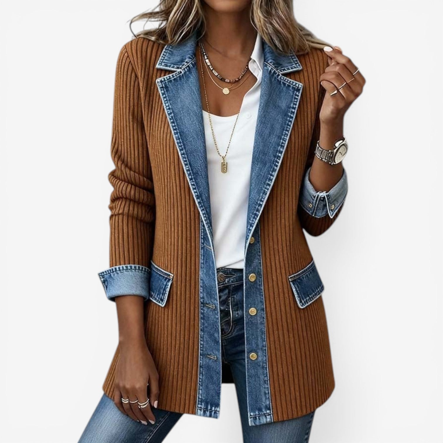 Montaracrest Emilia™ denim jacket in misto fabric, shown in a close-up of the stylish, casual outerwear with visible stitching and collar.