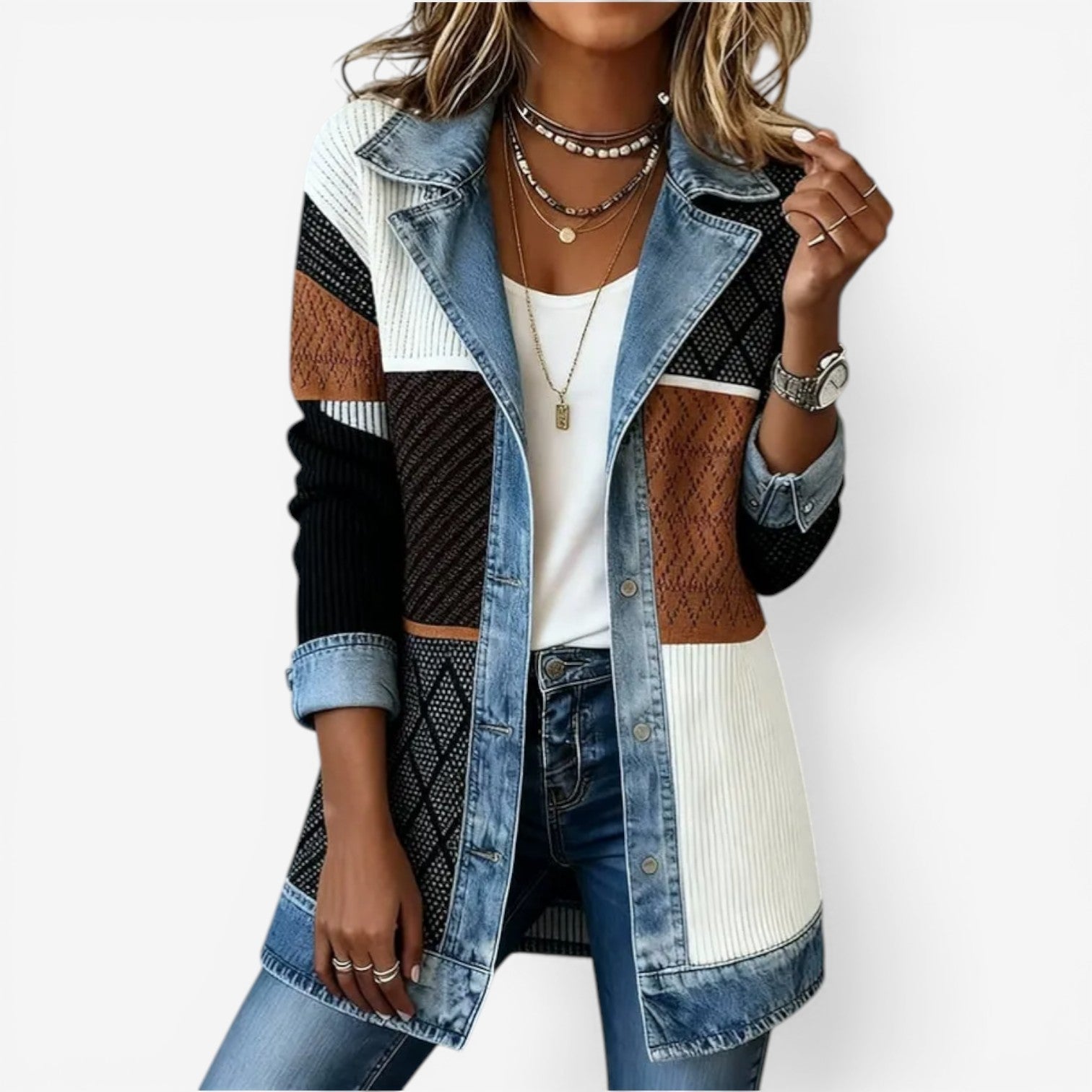 Montaracrest Emilia™ denim jacket in misto fabric, featuring classic collar and button closure, stylish and versatile outerwear.