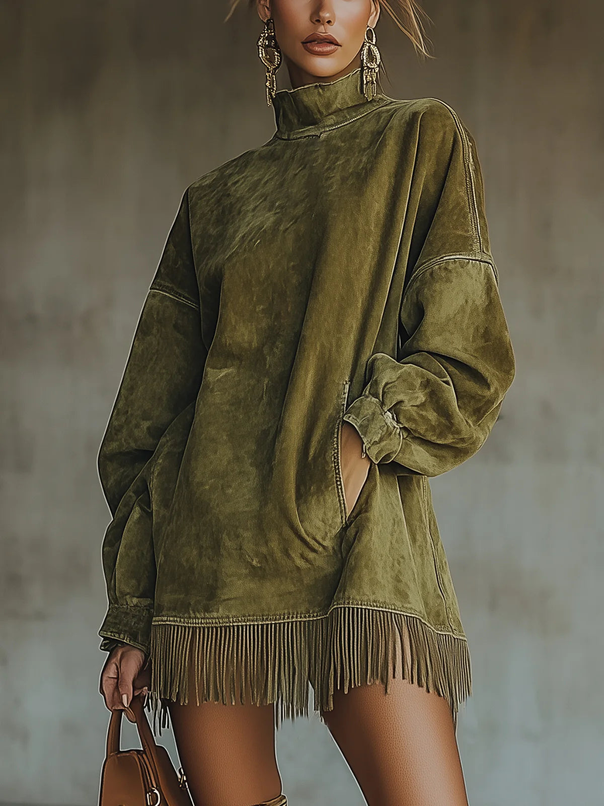 Olive green suede dress by Montaracrest featuring a turtleneck and fringe hem, styled with long sleeves and a fitted silhouette.