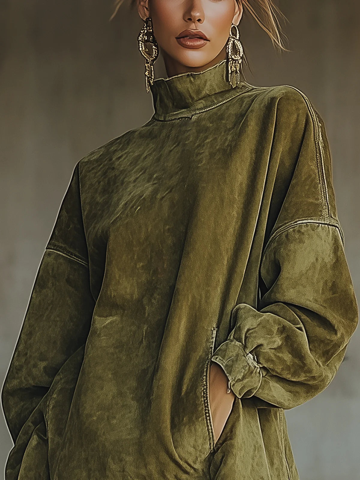 Olive green suede dress by Montaracrest featuring a high collar and fringe hem, styled with long sleeves and a fitted silhouette.