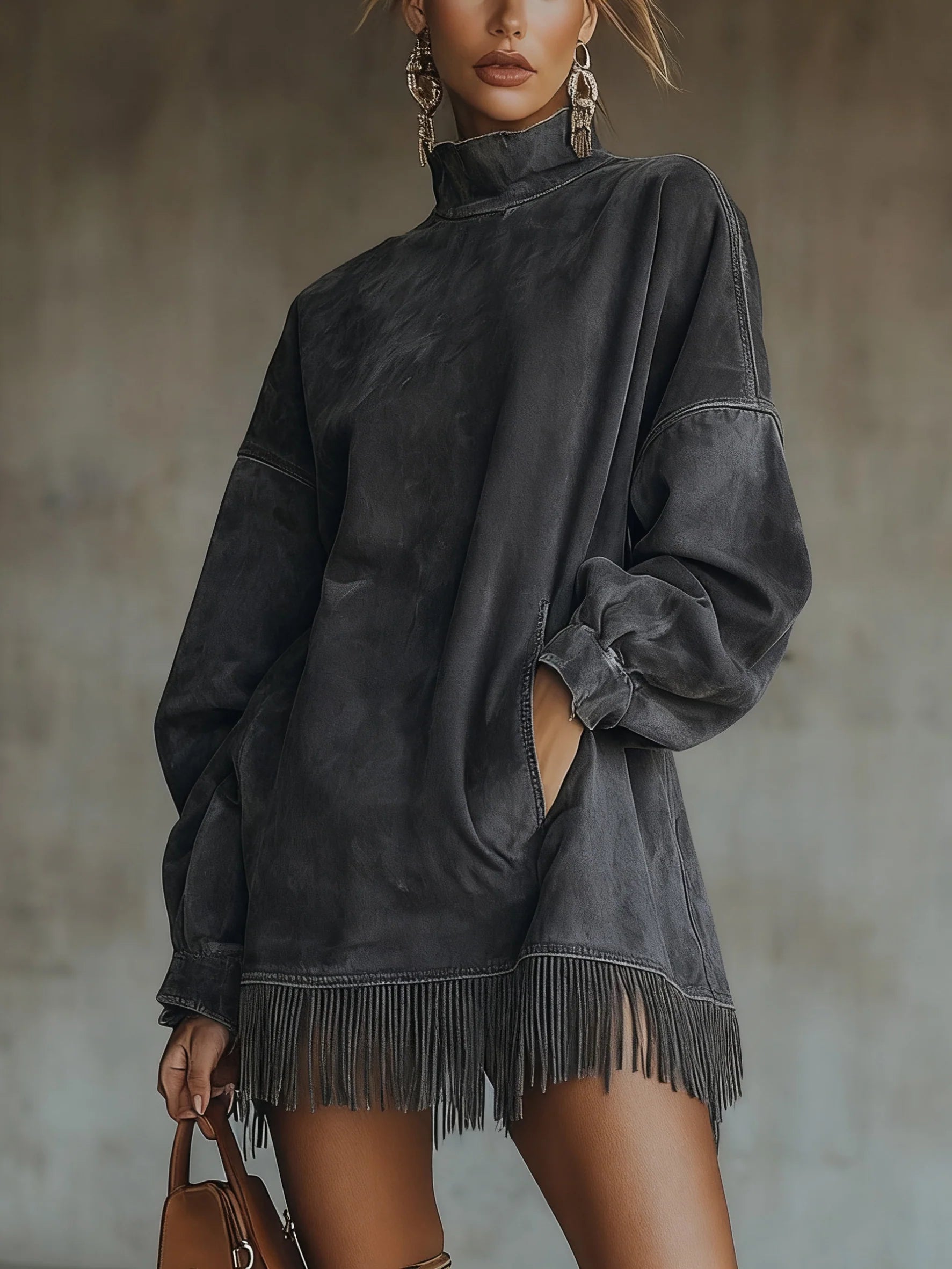 Olive suede turtleneck dress with fringe hem by Montaracrest, featuring a high collar and flowing fringe details.
