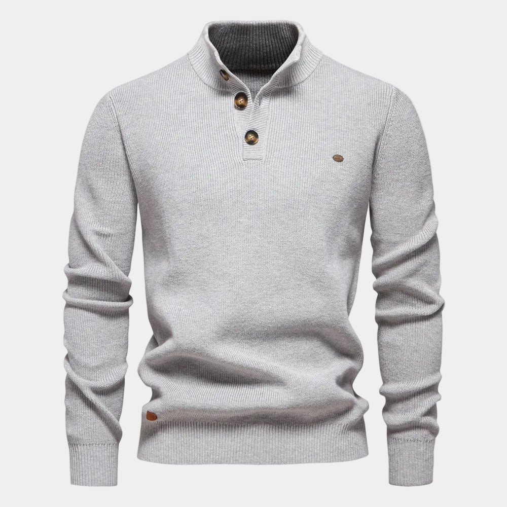 Montaracrest Konrad men's elegant pullover with button design, showcasing a stylish, tailored look in a close-up image.