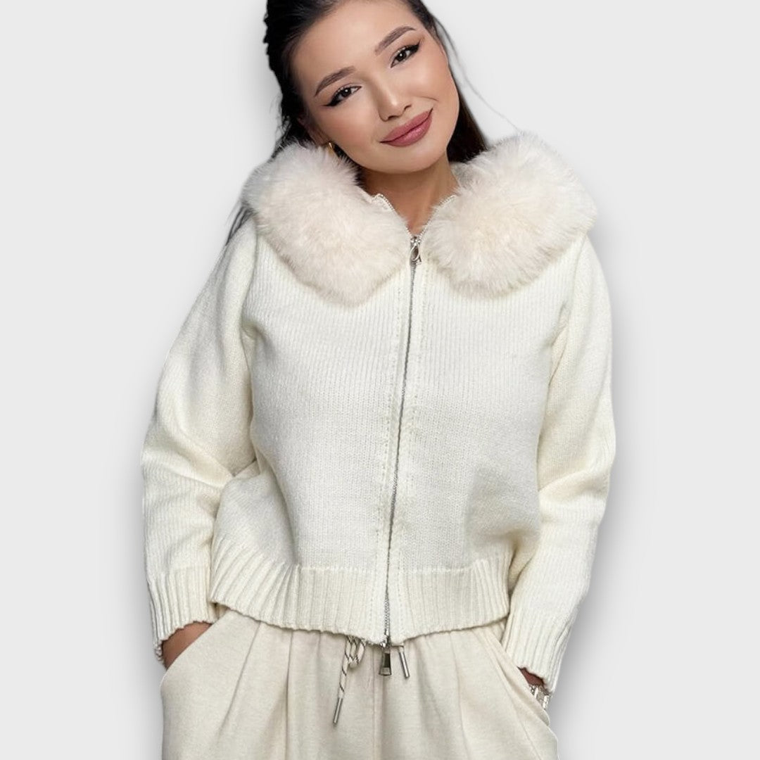 Montaracrest Alisanne knit jacket with zip closure and faux fur collar, stylish and cozy for cold weather.