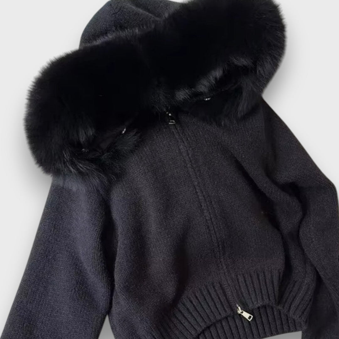 Montaracrest Alisanne knit jacket with zip closure and faux fur collar, stylish and cozy outerwear in soft blue.