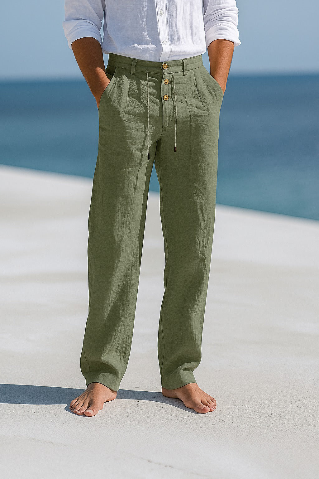 Lightweight men's linen summer pants by Montaracrest featuring a relaxed fit and casual style, shown in a neutral color.