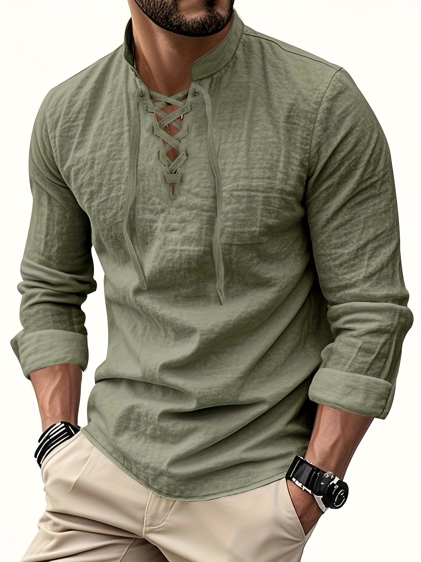Montara & Crest V-neck shirt displayed on a hanger, with a soft fabric texture and classic design in neutral color.