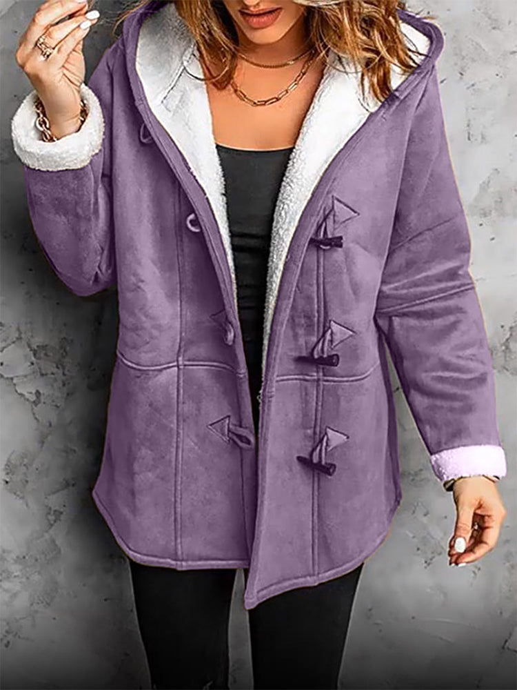 Elegant Isabella autumn coat by Montaracrest, long-sleeve warm winter jacket with fleece hoodie for women.