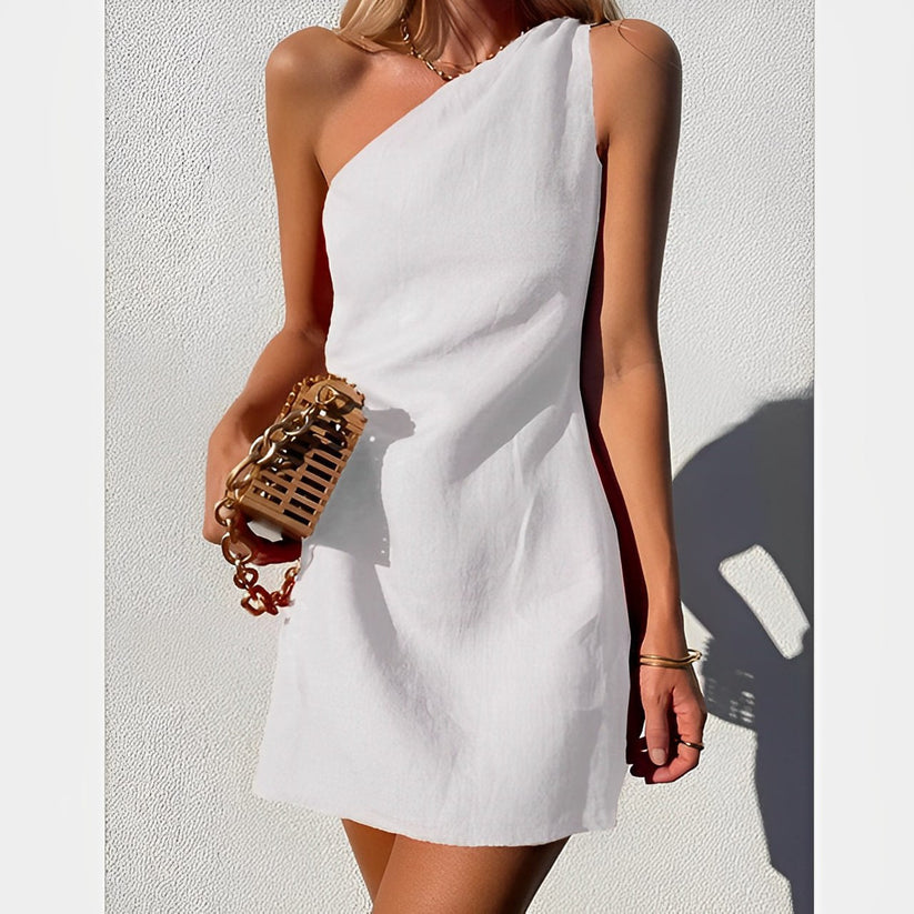 Montaracrest mini monospalla linen dress with asymmetric neckline, lightweight and stylish for warm weather.