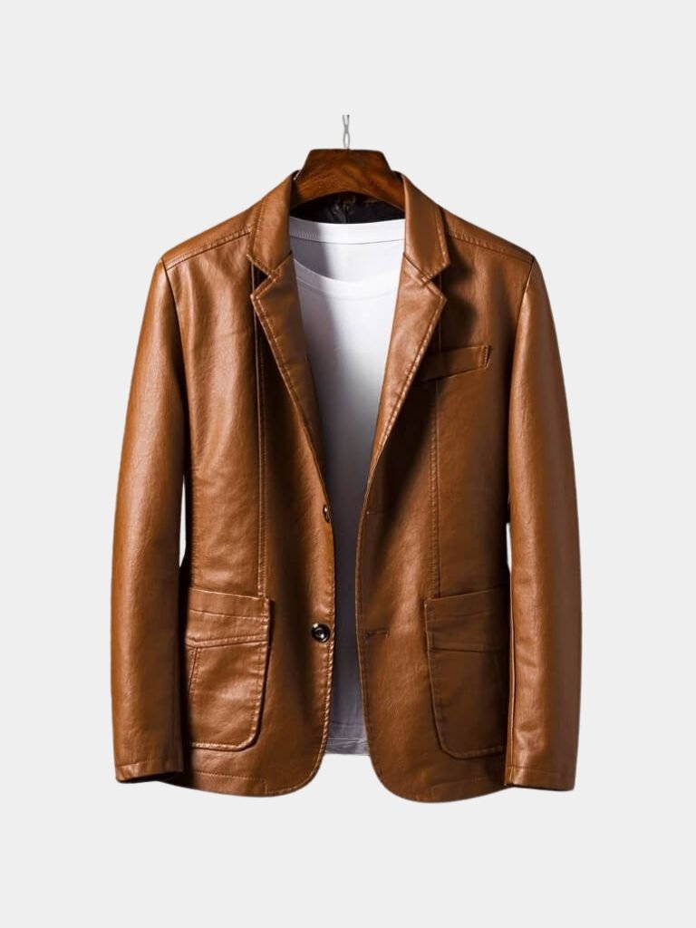 Caramel leather jacket by Montaracrest with a bold design and cross crown detail, stylish and modern men's outerwear.