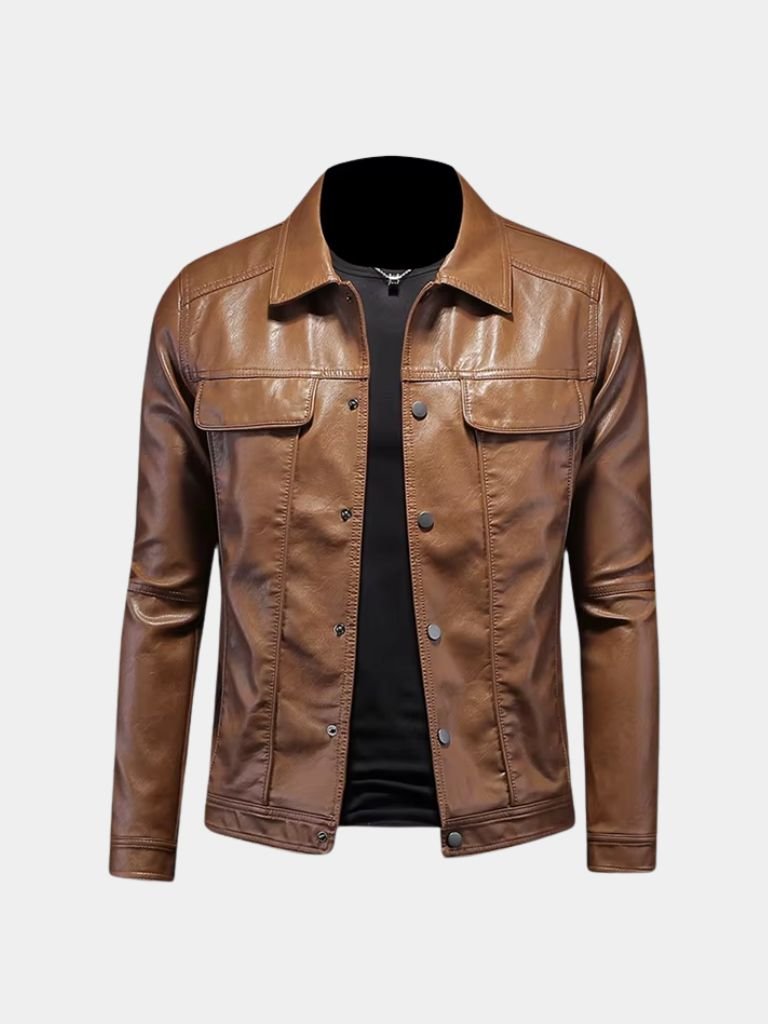 Bronze Rebel leather jacket by Montaracrest, featuring a stylish design with a cross-crown detail, perfect for making a bold fashion statement.