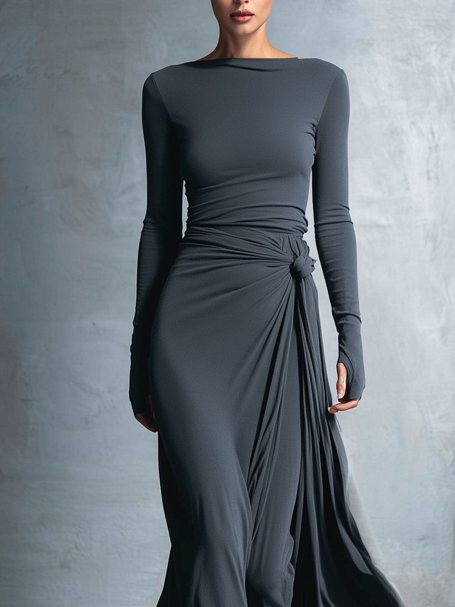 Montaracrest Vittoria maxi dress with side knot, flowy fabric, and elegant design, perfect for stylish summer wear.