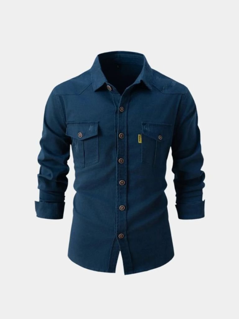 Casual modern men's shirt by Montaracrest with a cross crown design, featuring a stylish collar and button-down front.
