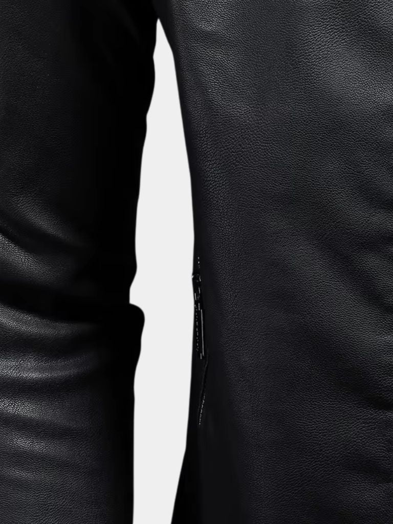 Black leather jacket from Montaracrest with cross and crown detailing, stylish and durable for a bold look.