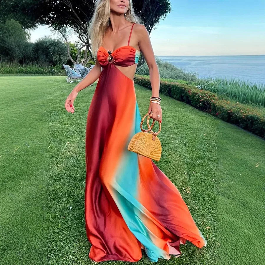 Elegant long summer dress by Montaracrest with a soft gradient design, perfect for warm-weather occasions and stylish summer outings.