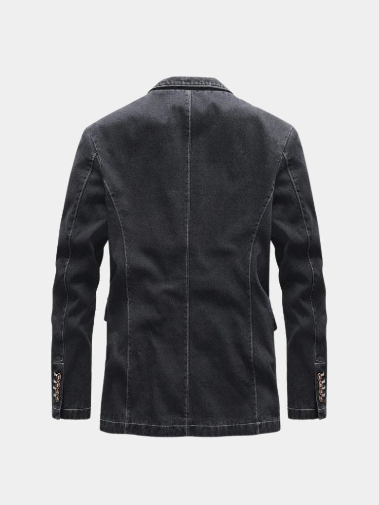 Montaracrest denim Covenant blazer jacket with classic cross crown design, tailored fit, and stylish denim fabric.