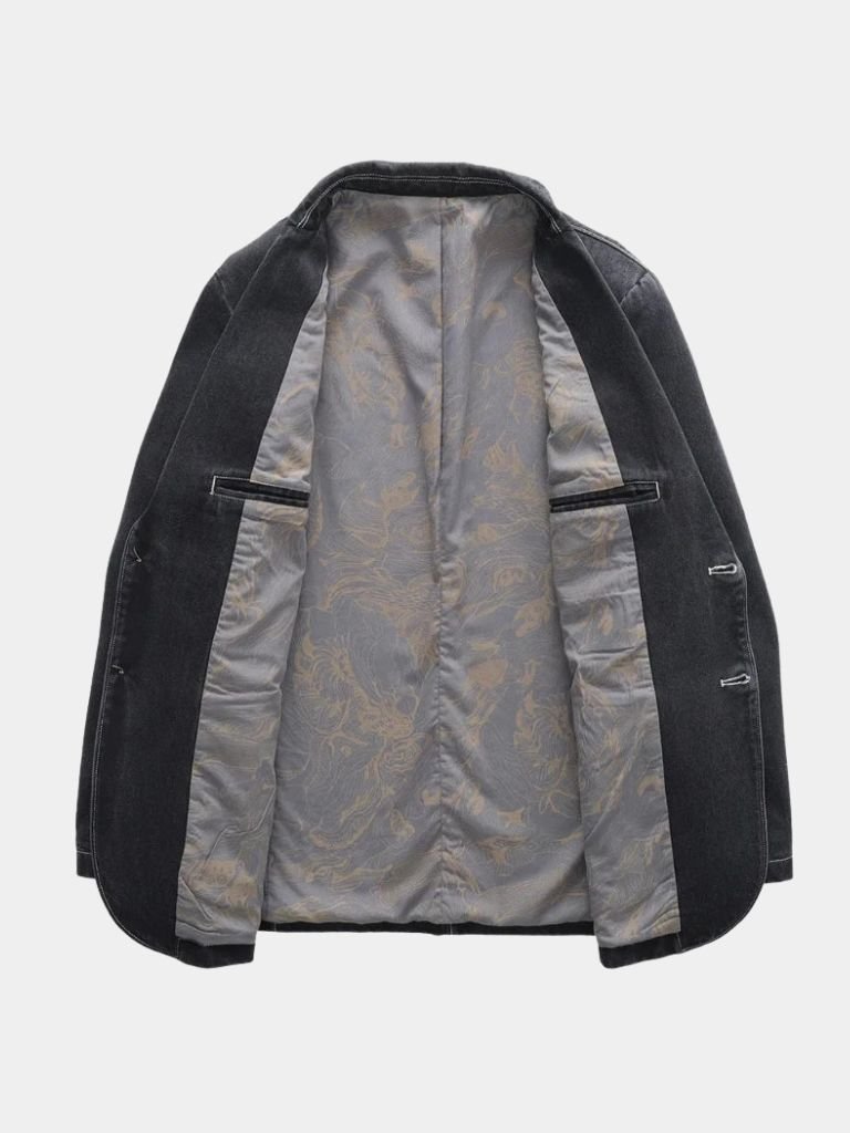 Montaracrest denim Covenant blazer jacket featuring a stylish cross-crown design on the front.