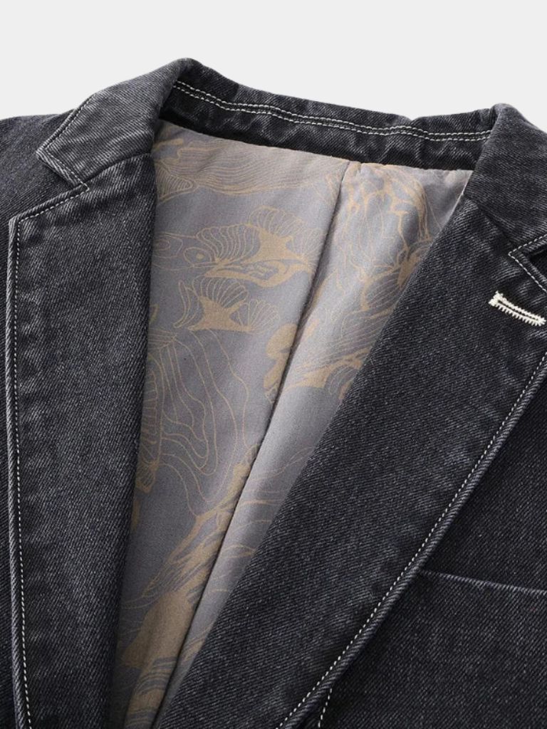 Montaracrest denim Covenant blazer jacket featuring classic design and cross crown embroidery, stylish for casual or smart looks.