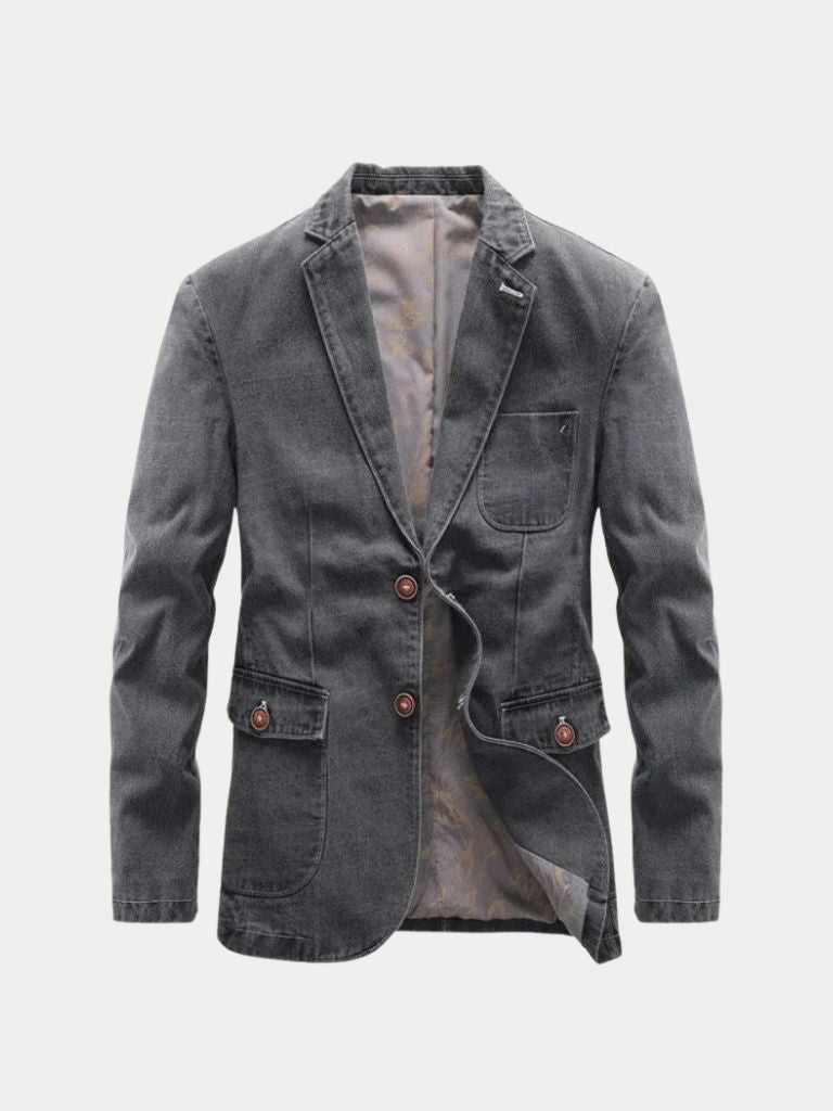 Montaracrest denim blazer jacket featuring a cross crown design, stylish and versatile for casual or smart looks.