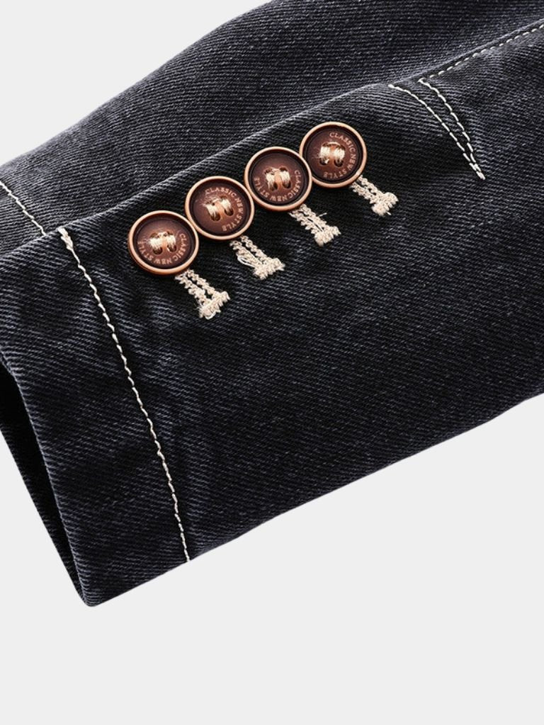 Montaracrest denim blazer jacket with cross crown design, stylish and fitted for a modern casual look.