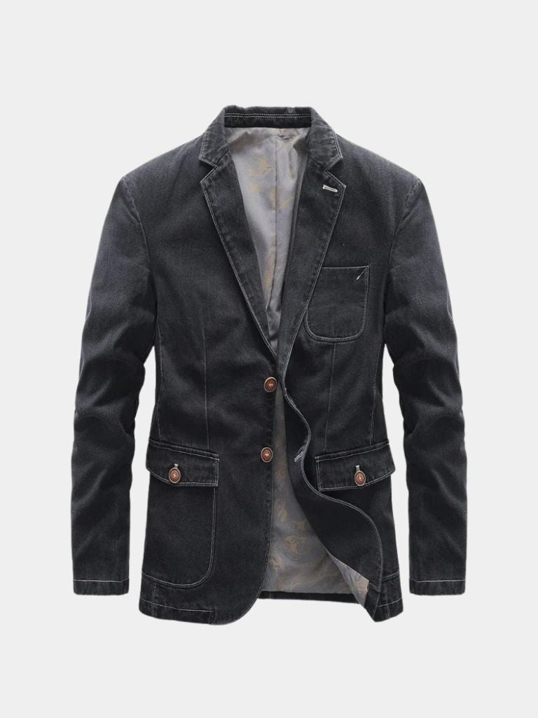 Montaracrest denim Covenant blazer jacket featuring a stylish cross crown design, tailored fit, and classic denim fabric.
