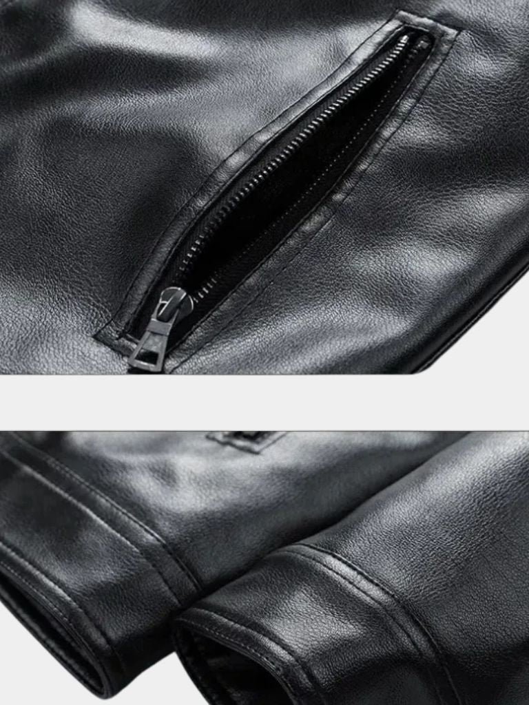 Montaracrest Denver leather jacket, stylish men's jas with cross crown design, black leather, front zip closure, and modern fit.