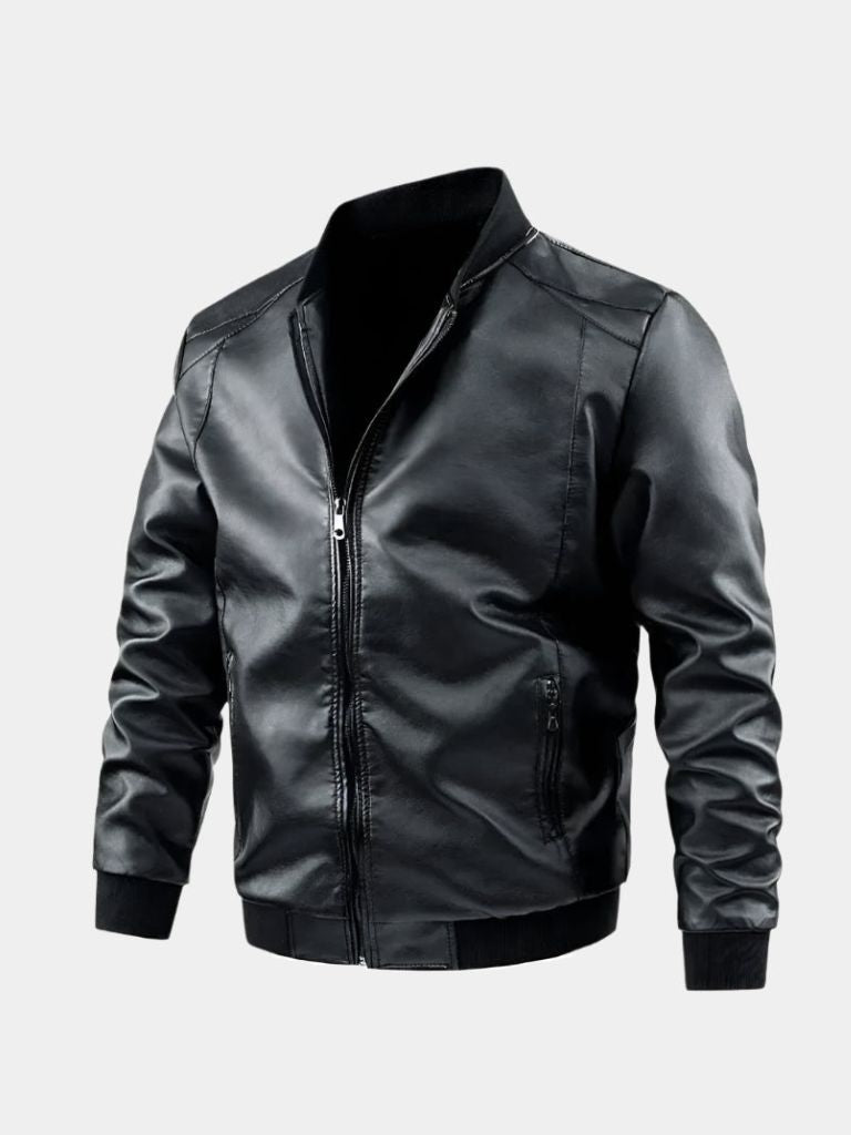 Montaracrest essential leather jacket, stylish men's casual jas with a sleek cross crown design on the front.