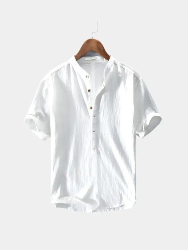 Montaracrest essential short-sleeve linen shirt with a classic collar and cross crown design, lightweight and breathable for summer.