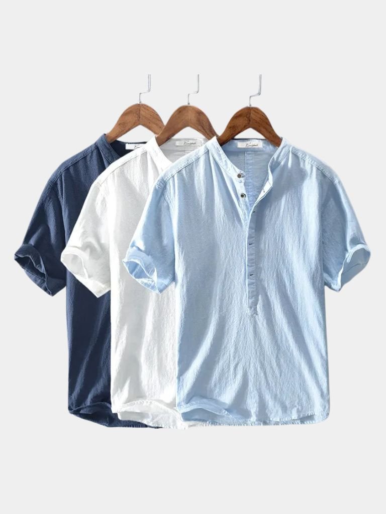 Montaracrest linen short-sleeve shirt with a cross crown design, featuring a classic and breathable style for casual wear.