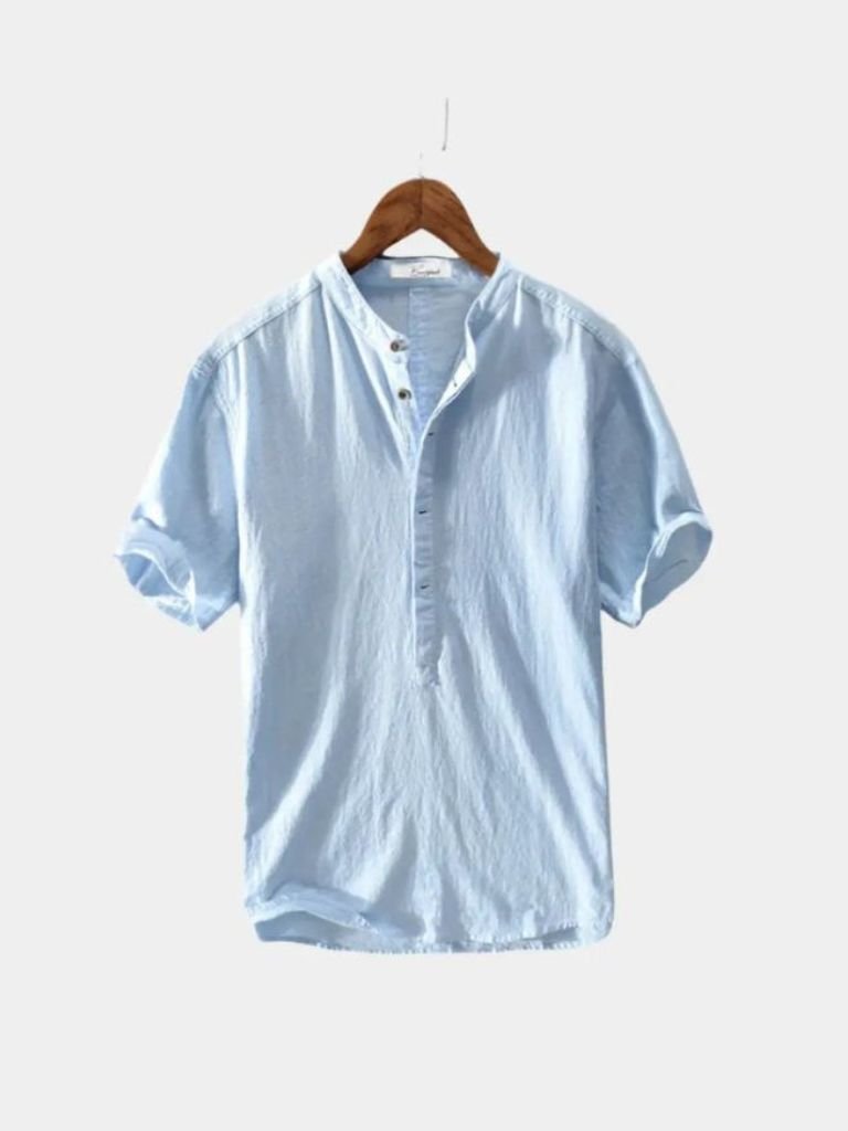 Montaracrest linen short-sleeve shirt with a cross crown design, lightweight and breathable for casual wear.
