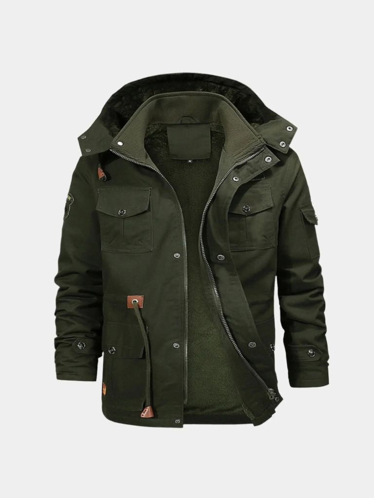 Montaracrest fleece hooded bomber jacket with a cross-crown design, featuring a cozy fleece fabric and a stylish hood.