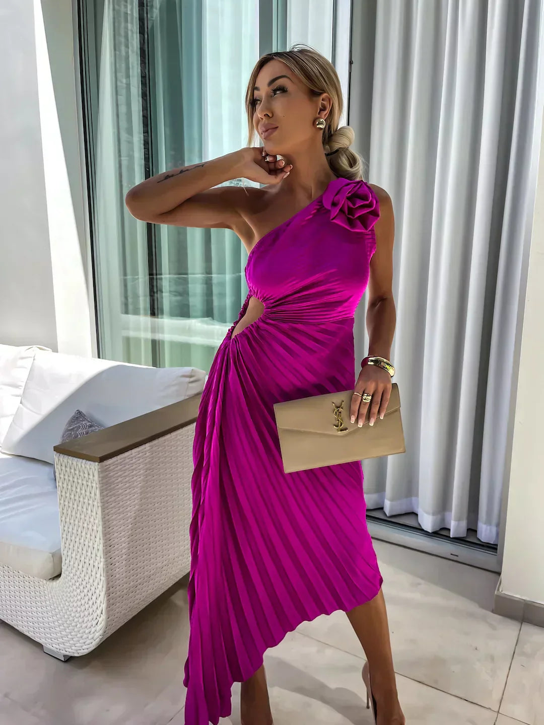 Elegant floral asymmetry dress by Montaracrest featuring a vibrant fuchsia design with chic, flowing fabric.