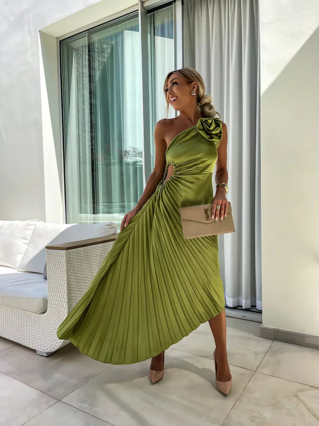 Montaracrest floral asymmetry dress featuring a vibrant green flower pattern and elegant design, full view of the chic dress.