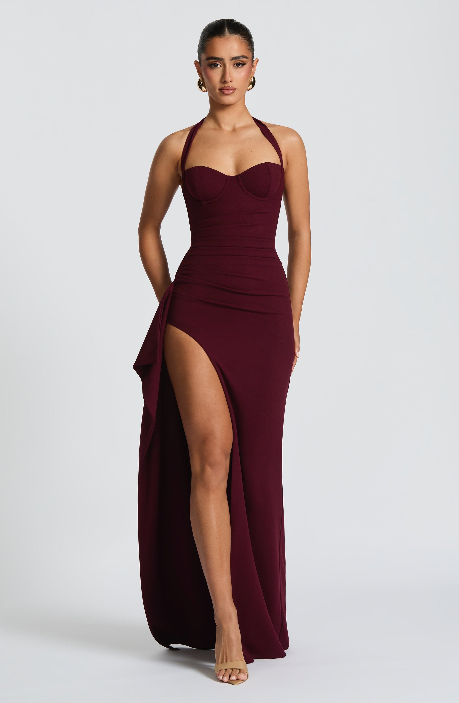Montaracrest Enchant Maxi Dress in cherry lacquer, flowing fabric, elegant design, perfect for formal occasions.