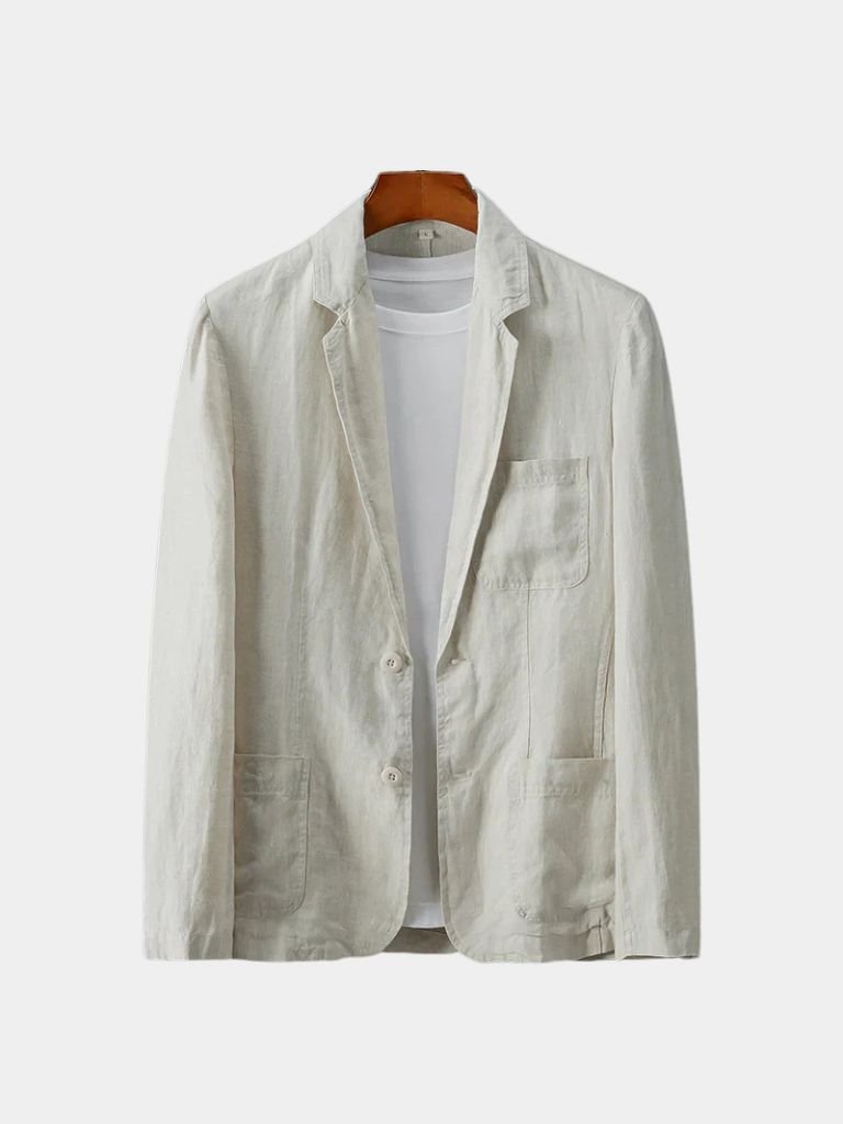 Montaracrest Gianni Summer Linen Blazer, a stylish men's jacket featuring a cross-crown design, perfect for warm weather.