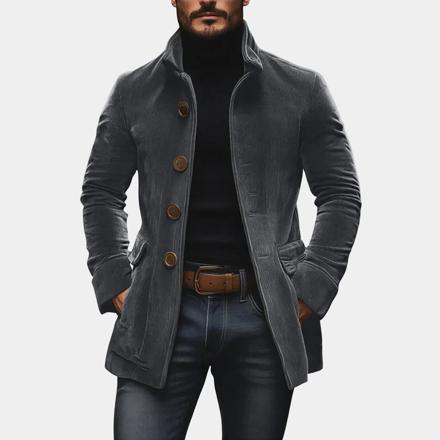 Gray ROVESSA ROMA men's cotton ribbed jacket by Montaracrest, featuring a close-up of the textured fabric and collar.