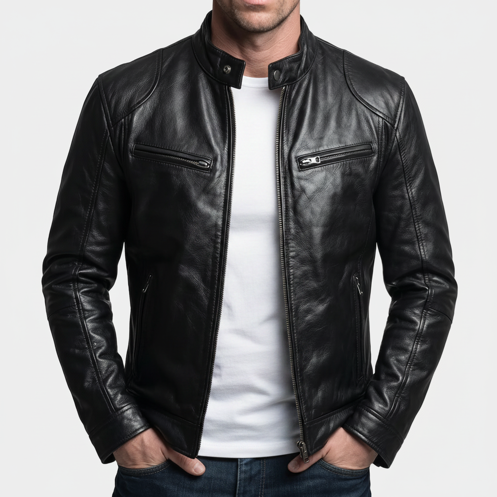 Montaracrest Mitchell men's leather jacket showing a classic brown leather coat with a collar and zipper closure.