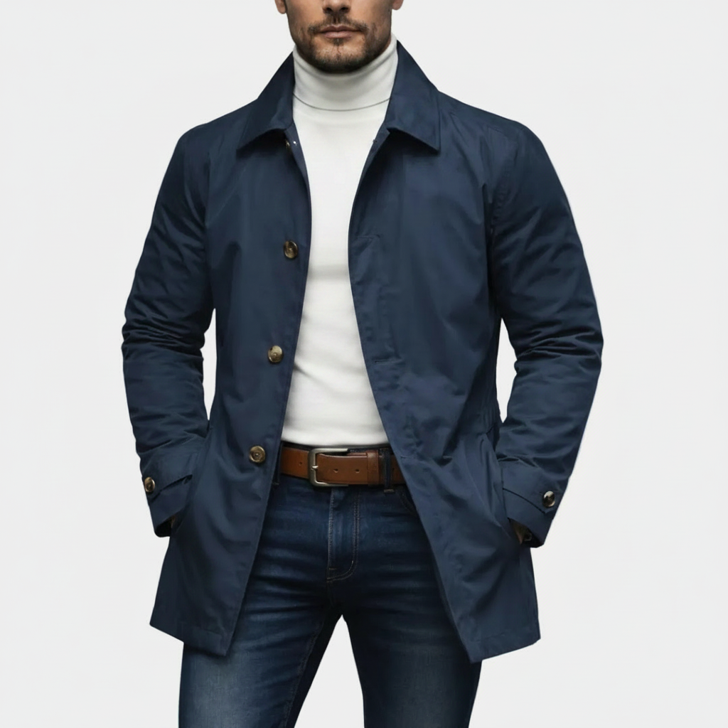 Alessandro™ Hareth waterproof coat in black with hood, stylish outerwear for rainy weather, featuring a sleek design and zipper closure.