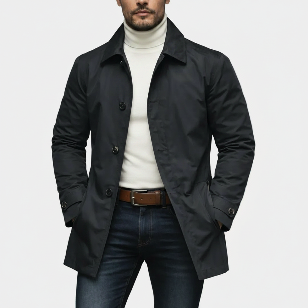 Alessandro™ Hareth waterproof coat by Montaracrest, shown in black with a hood, front zipper, and stylish design.