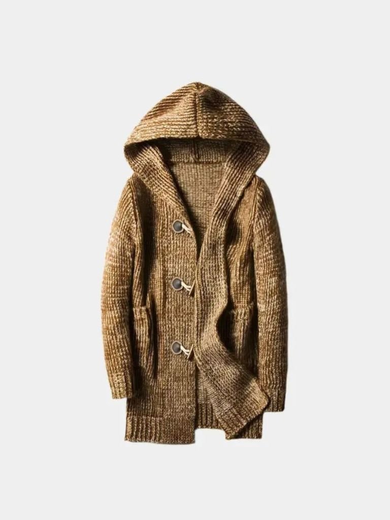 Montaracrest Himalaya knit hoodie jacket with a crossed crown design, featuring a cozy hood and textured knit fabric.
