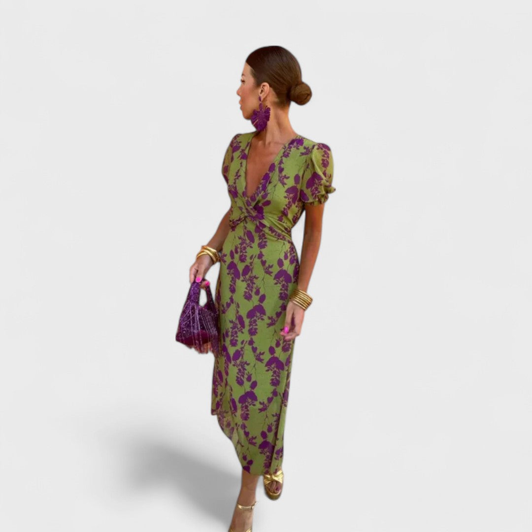 Elegant deep V-neck Carmen dress by Montaracrest featuring a stylish, premium design in a sophisticated silhouette.