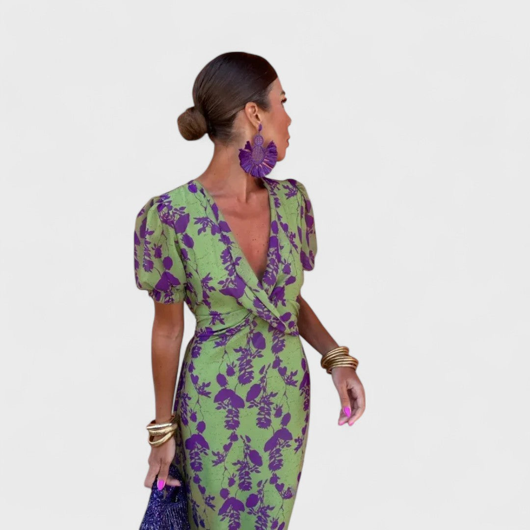 Montaracrest Carmen elegant premium midi dress with deep V neckline, short puff sleeves, and stylish print for women.